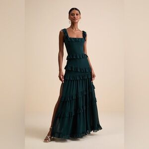 Lulus Compelling Romantic Dark Green Ruffled Tiered Maxi Dress M